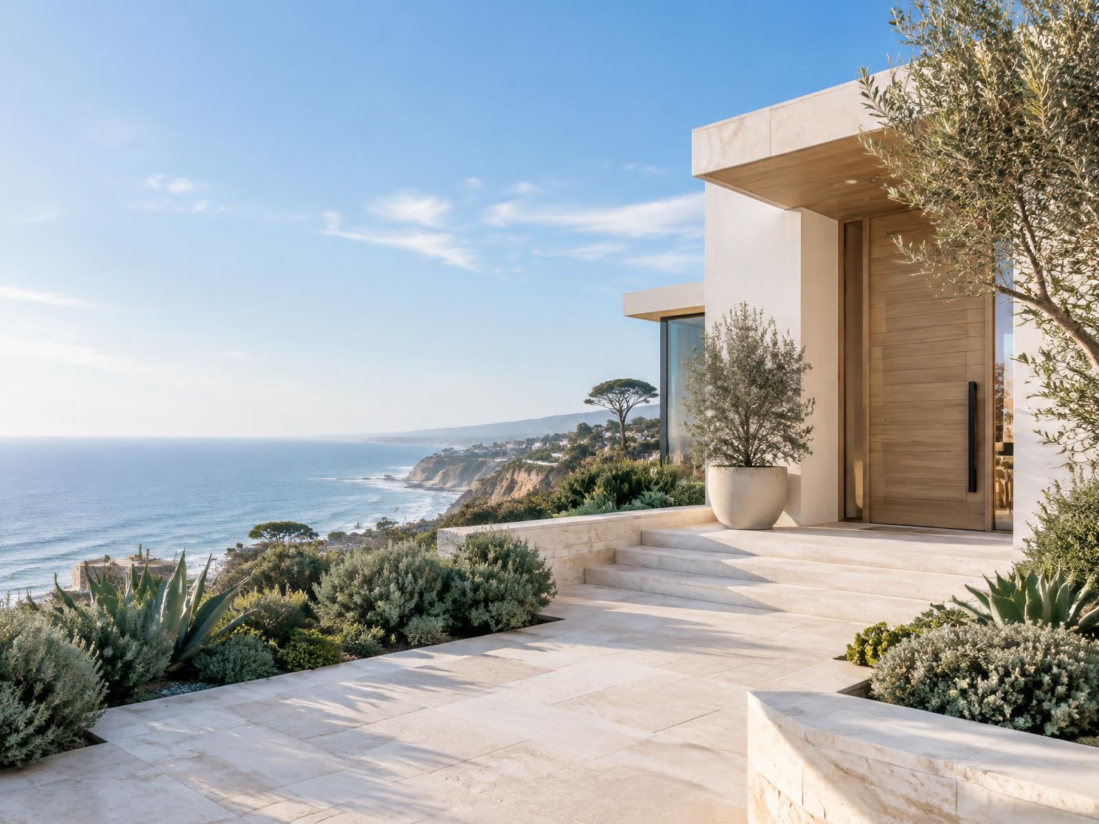 Editorial view of a contemporary coastal home overlooking the shoreline